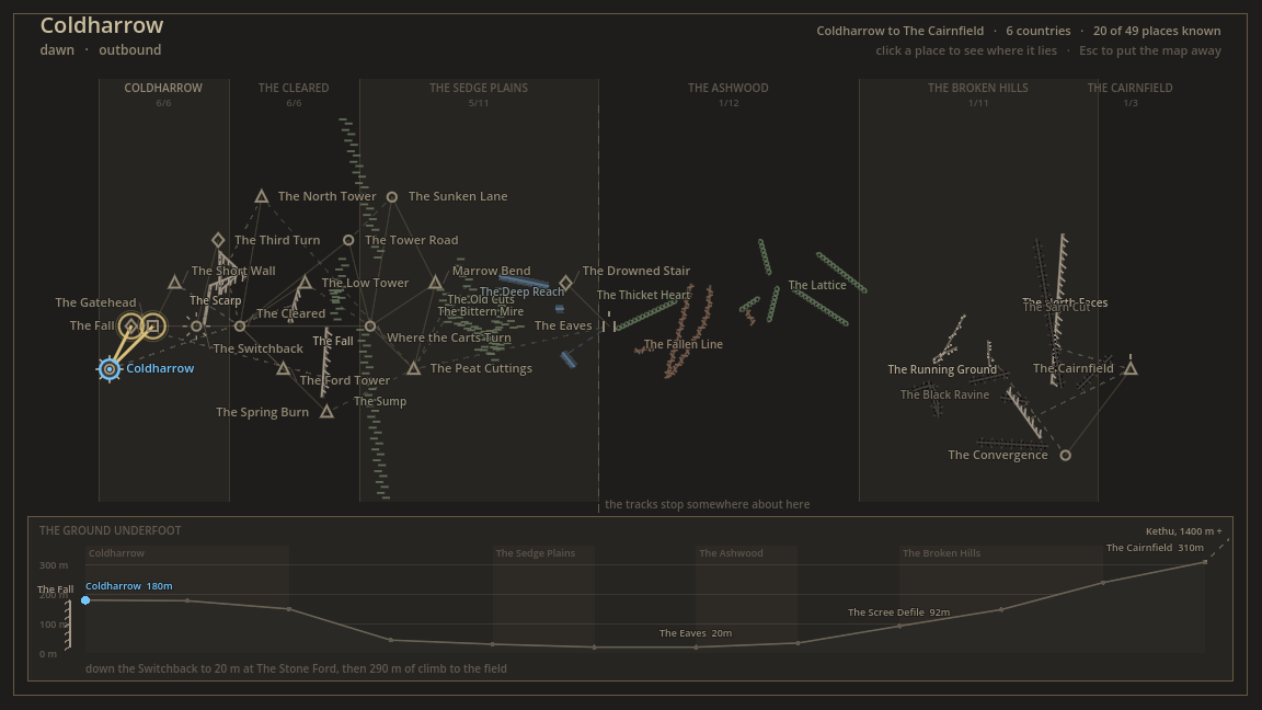 The map screen in game: places in walking order, countries banded across the top.