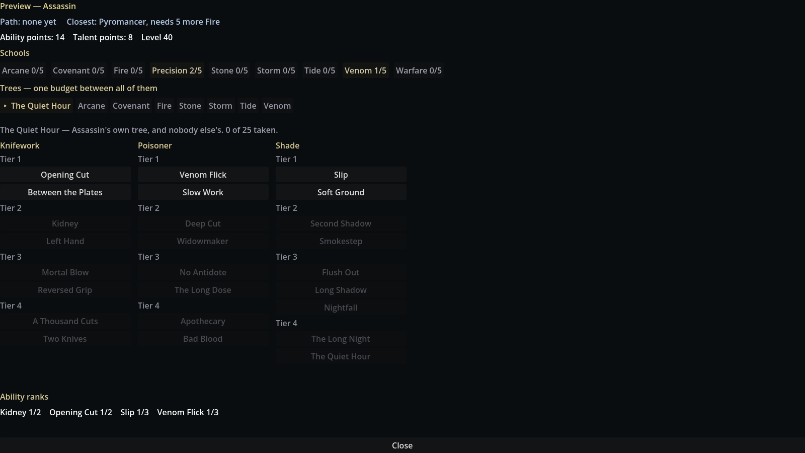 A mastery tree in game — the same nodes the Skill trees page draws, as the player meets them.